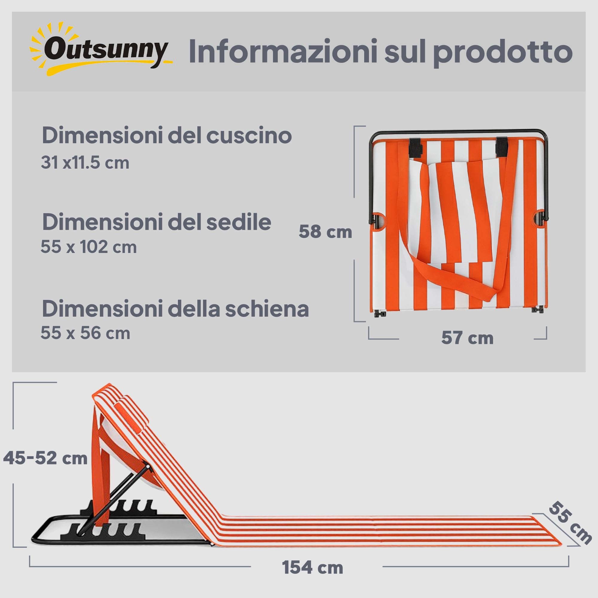 Outsunny Set 2 Lettini da Spiaggia con Schienale Regolabile su 4 Livelli, Lettini da Spiaggia Pieghevoli con Poggiatesta, Tasca Laterale, Lettino Prendisole per Mare Piscina, Arancione e Bianco