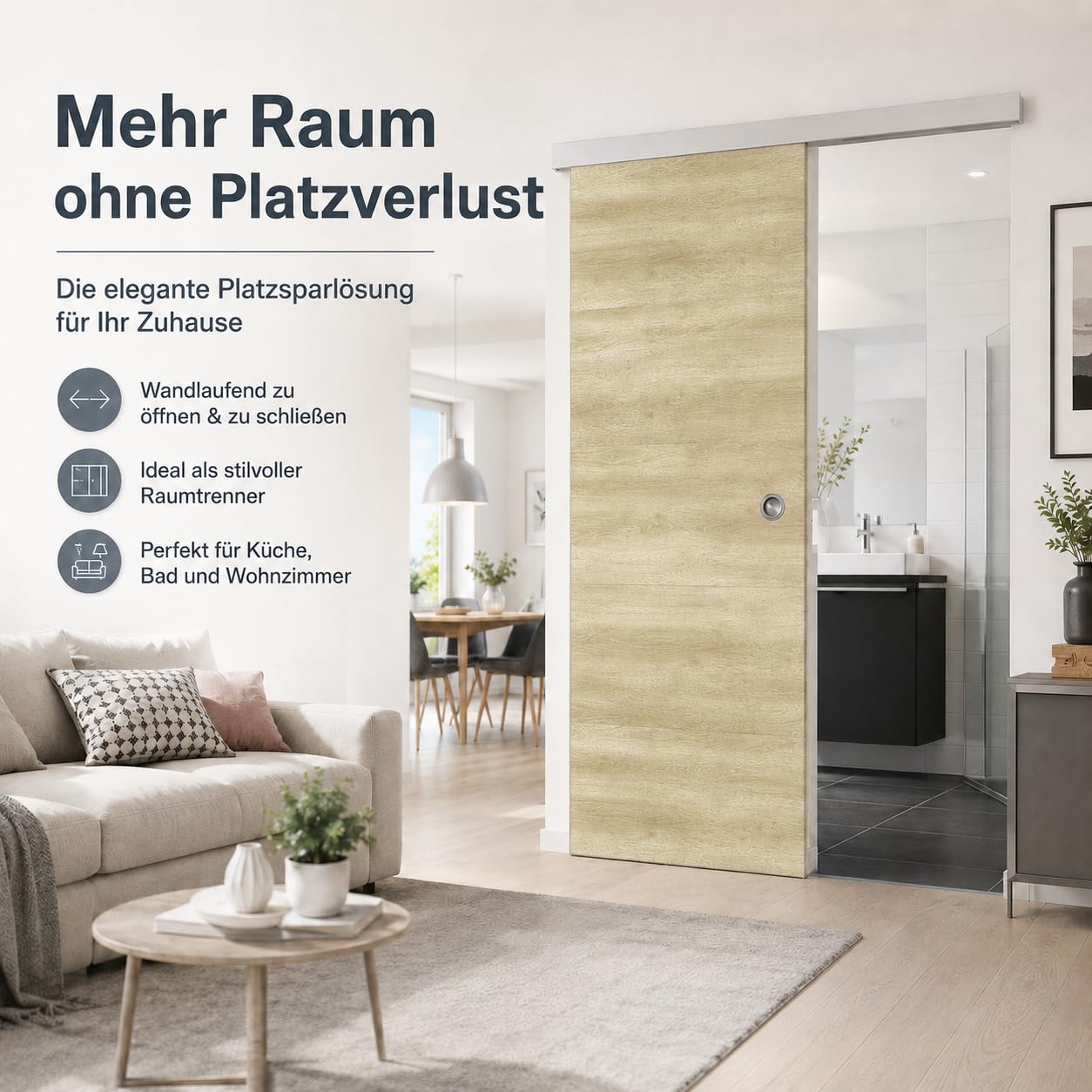 Ondis24 SLIDE Porte coulissante pour appartement avec rail le long du mur, séparateur de pièce intérieur avec rail, système de porte coulissante, séparateur de pièce avec guide au sol, 93 cm, beige