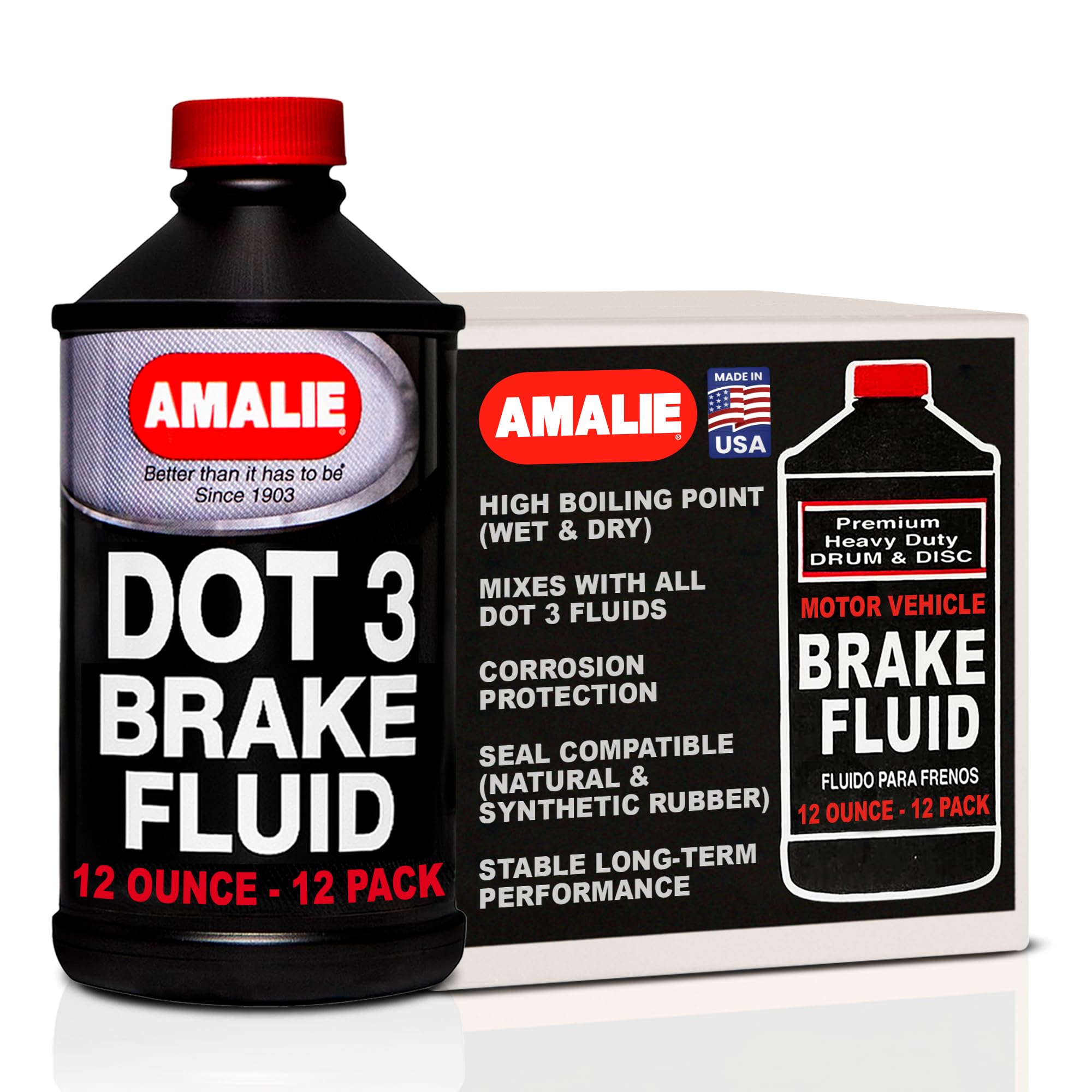 AMALIE DOT 3 Brake Fluid 12oz (160-65031-92), Heavy Duty Drum & Disc Brake Fluid for Cars, Trucks & Motorcycles with Corrosion Protection & Long-Term Stability, Made in USA, Pack of 12