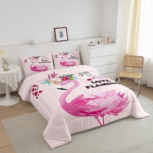 Miniatura 2 de Juego de edredón de flamenco rosa para niñas, ropa de cama de flamenco tropical, juegos de ropa de cama de animales florales hawaianos, edredón de