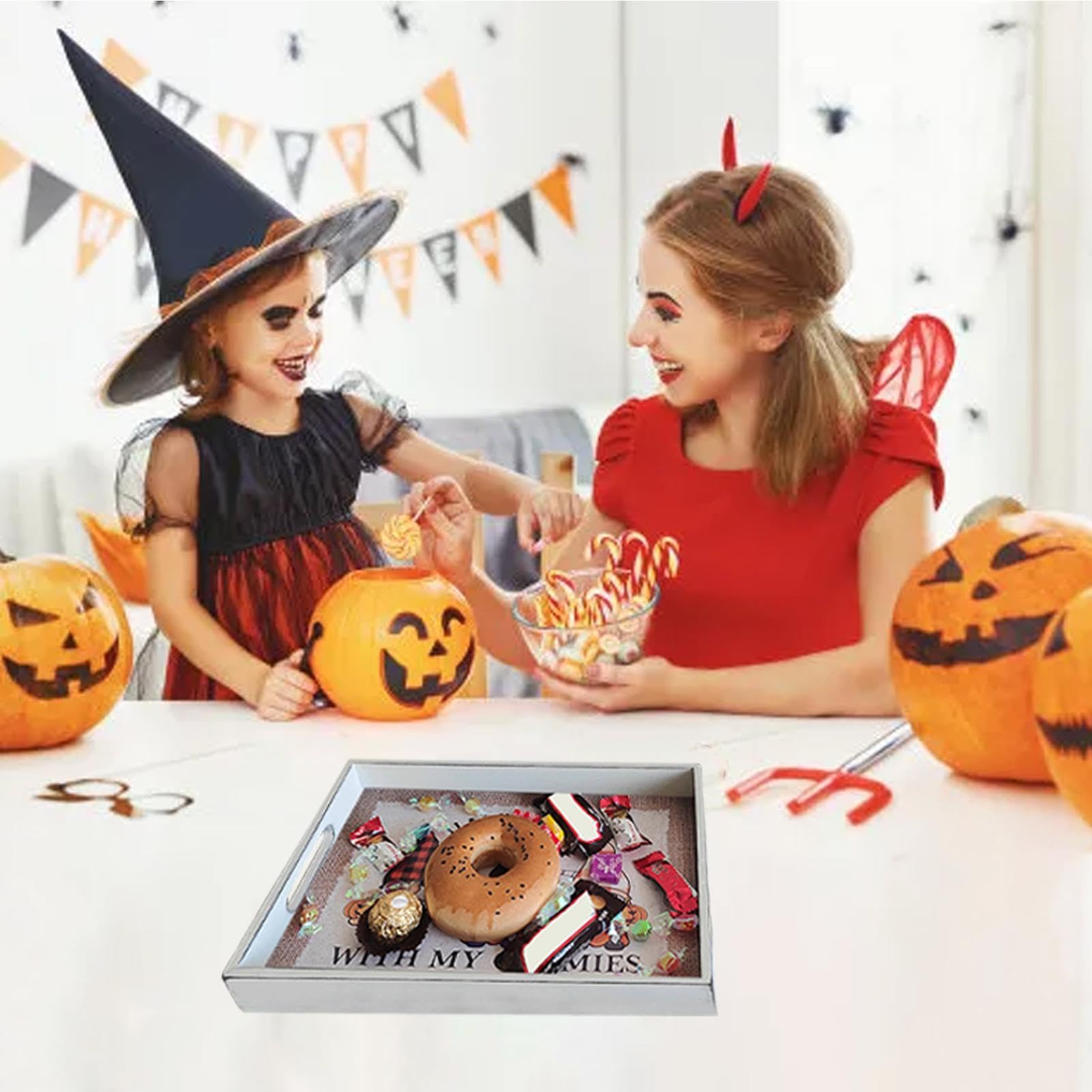 Vassoio di Halloween Vassoio porta snack in legno 3 pezzi con maniglia