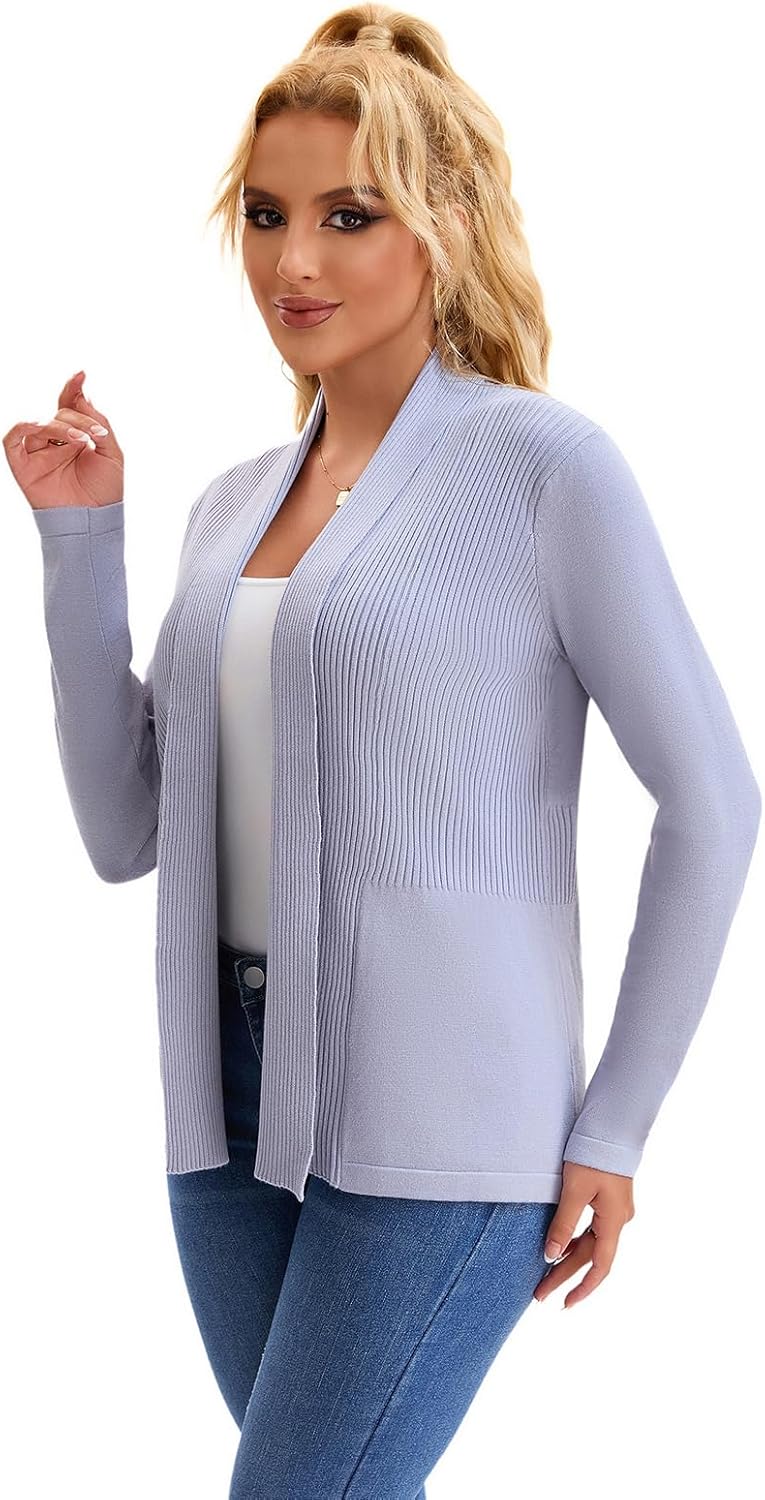 Women’s Open Front Cardigan, Soft Knit Ribbed Long Sleeve Sweater for Work Casual Travel Daily Outfits