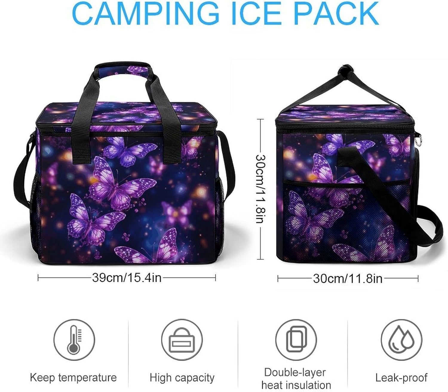 Large Capacity Oxford Cloth Purple Cute Butterfly Print Printed Camping Ice Bag, Outdoor Portable Insulation and Cooling Bag, Suitable for Outdoor Camping and Picnics