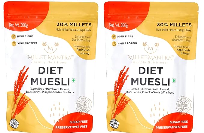 Millet Muesli Diet (Mantra For Weight Loss) -300 gm, Pack Of 2 A Soulfull Muesli with Millets, Oats, Ragi, Almonds, Raisins, Pumpkin Seeds, Cranberry, Honey, Apple Crush & No added Sugar. A perfect diet Food.