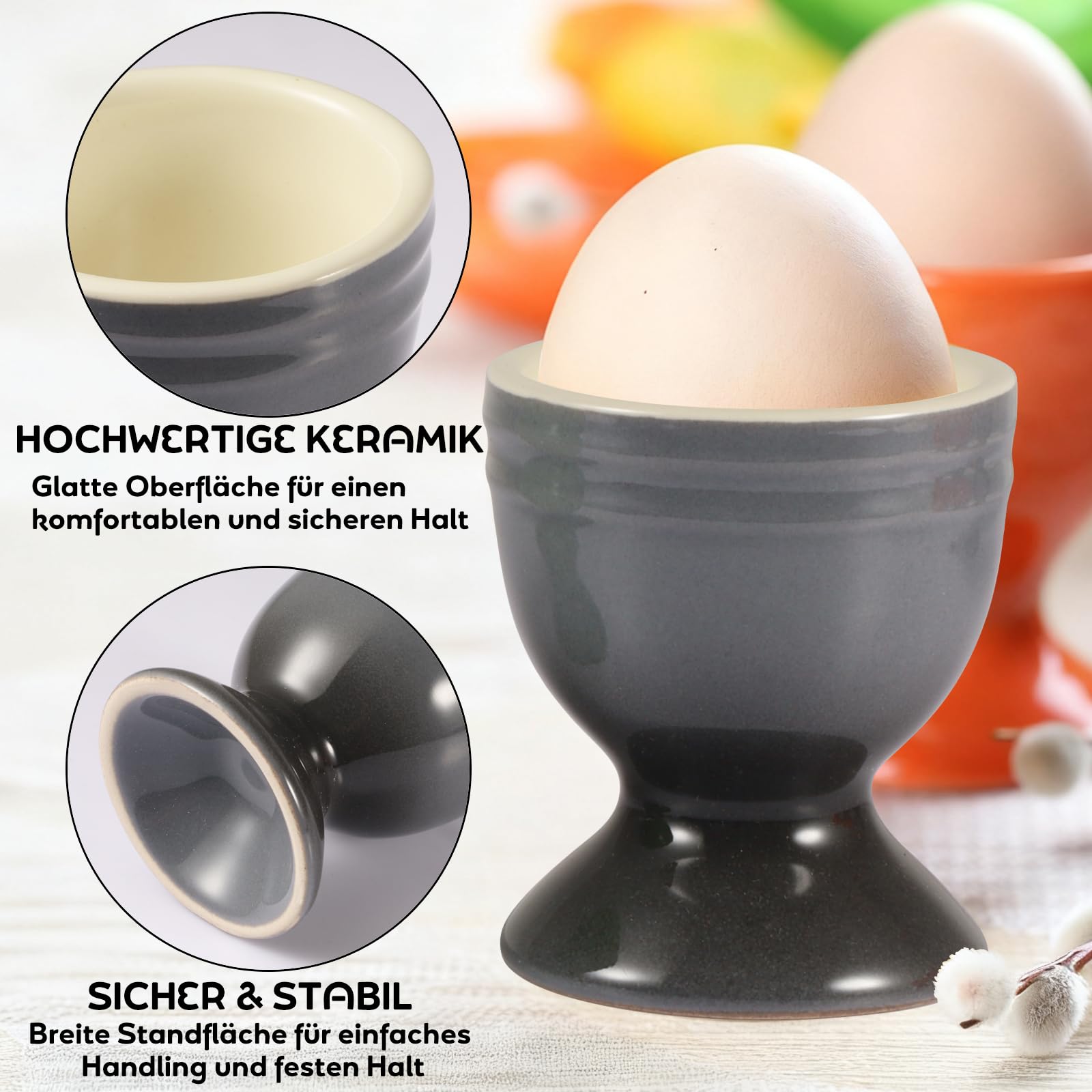 6er Set Eierbecher Porzellan, Eierbecher Keramik Bunt mit 6 Löffeln, Ø 5cm x 6cm, Eierhalter Eierständer Porzellan für Gekochte Eier Frühstück Brunch Abendessen, Spülmaschinenfest