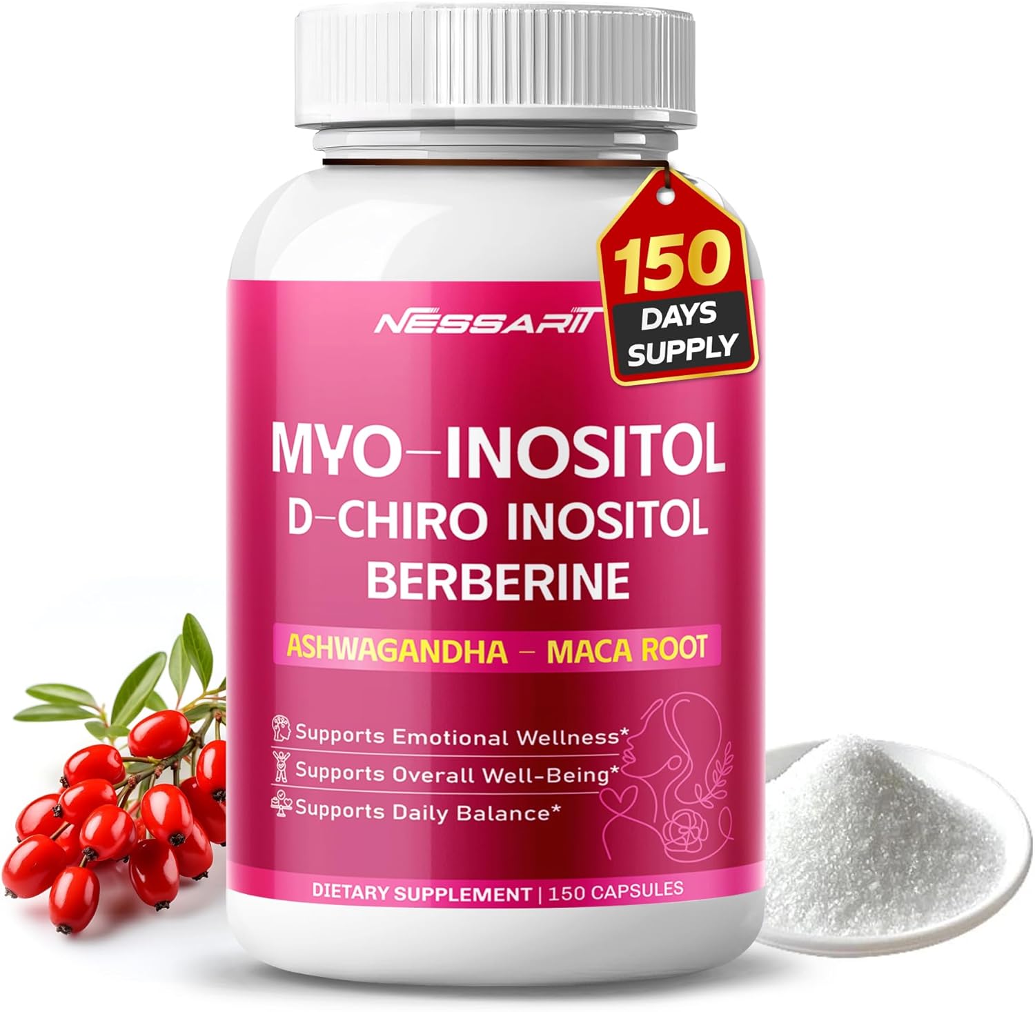 Myo-Inositol, D-Chiro Inositol, Berberine, Ashwagandha & Maca – Support Women’s Health & Mood Balance – 150 Capsules