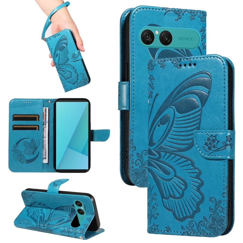 Generic Étui compatible avec Sony Xperia 1 IV (Couleur : Bleu) Motif Papillon Portefeuille en cuir Étui à rabat