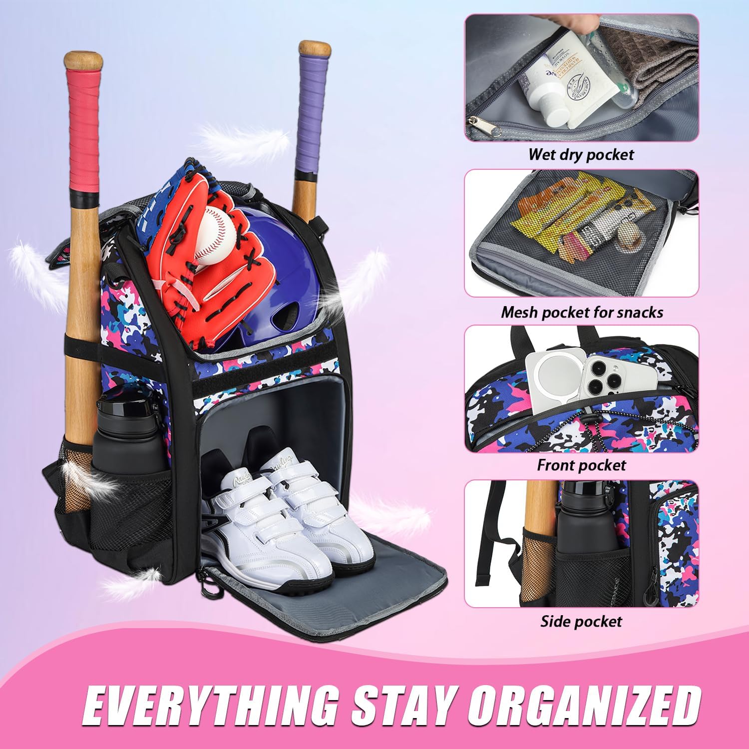 HAMBOLY Youth Baseball Bag, Softball Bag for Girls & Boys, Kids Baseball Backpack with Shoes Compartment, 2026 Upgrade Design, Pro-Grade Storage