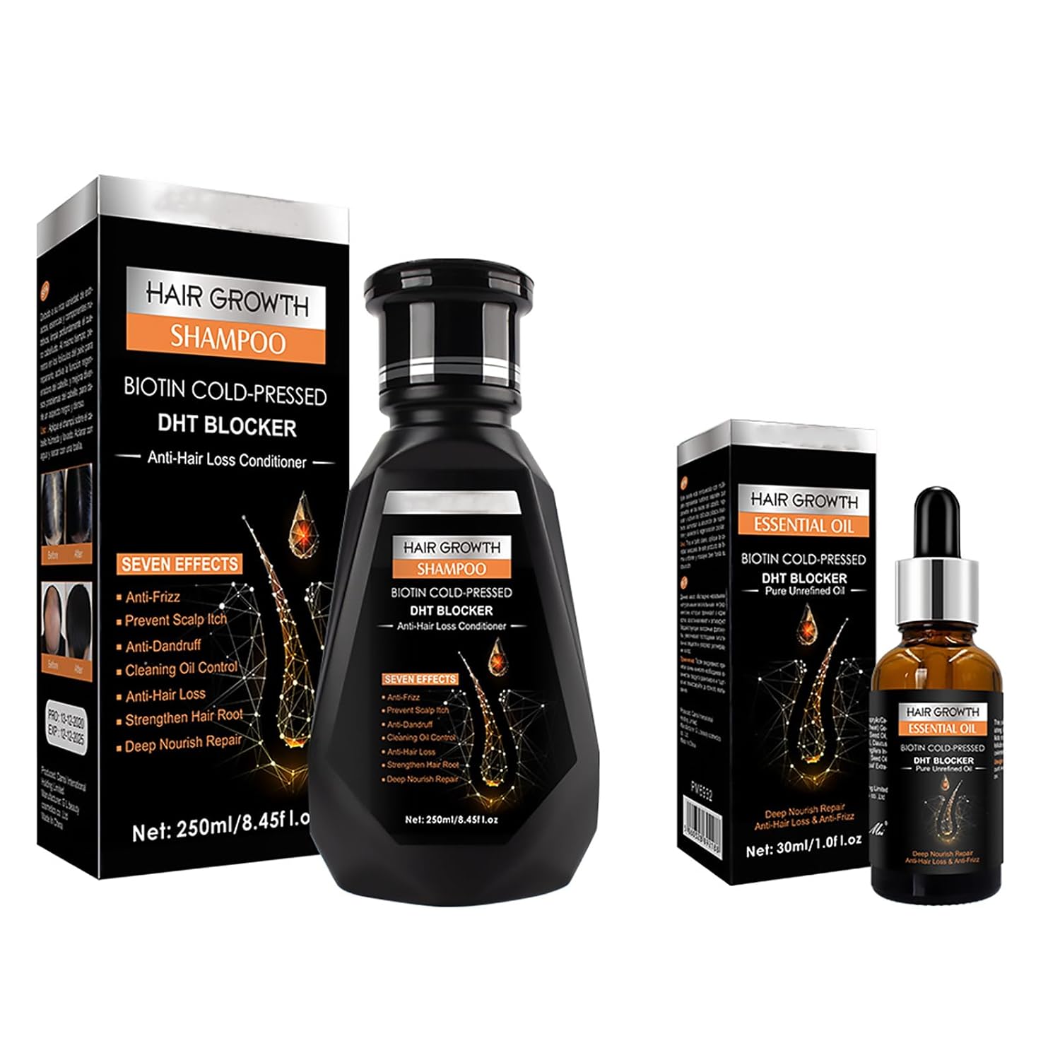 Hair Care Essential Oil Set – Hair Growth Shampoo & Hair Growth Essence Oil Containing Ginger Extract，Anti-Hair Loss Conditioner，Deep Nourish Repair ，Anti-Hair Loss & Anti-Frizz