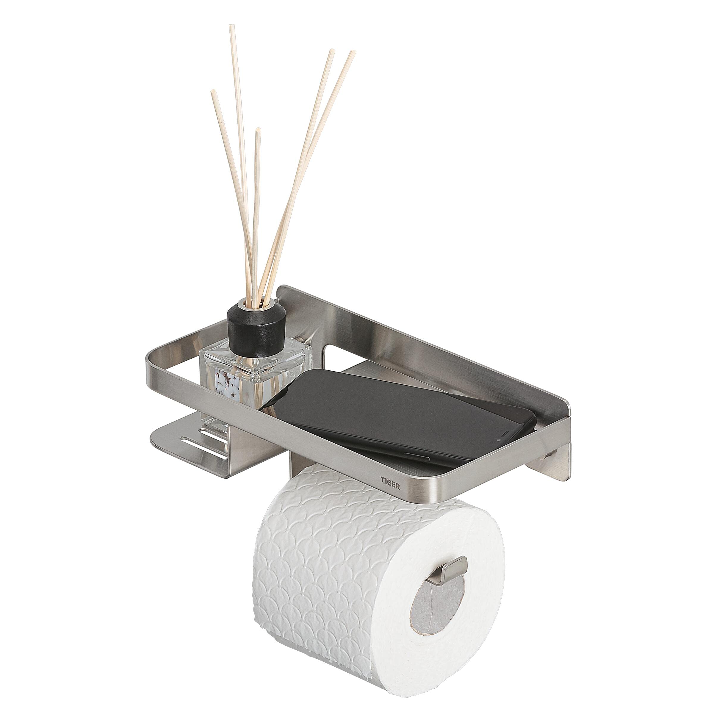 Tiger Caddy Toilettenpapierhalter mit Ablage, Toilettenrollenhalter mit Ablagefläche für Smartphone oder Einer Box für feuchtes Toilettenpapier, Klopapierhalter zur Wandmontage, Edelstahl gebürstet