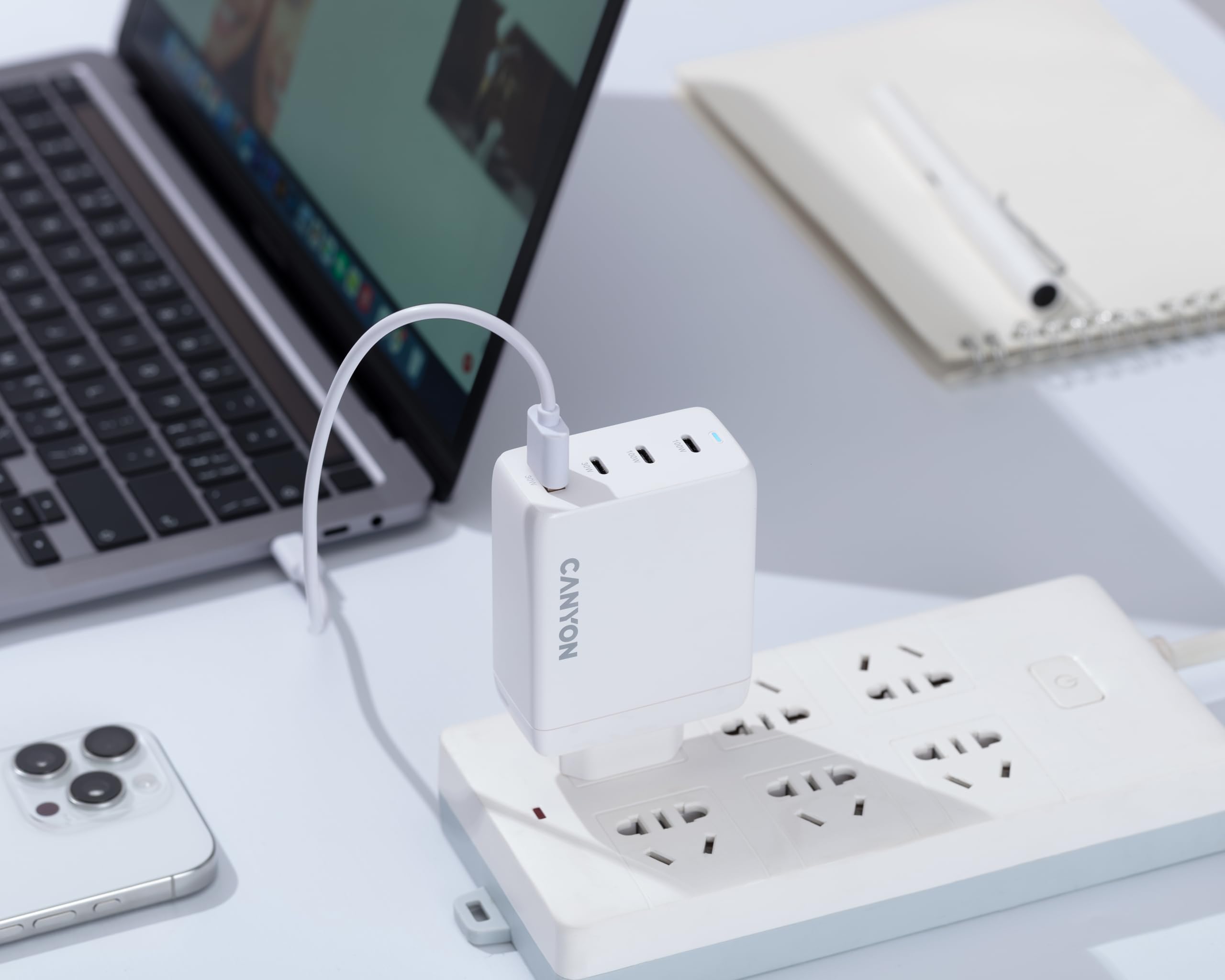 CANYON OnCharge 100ACC - Caricatore da parete GaN da 100 W, 3 porte USB-C PD e 1 porta USB-A QC, adattatore di alimentazione UE a ricarica rapida a 4 porte, tecnologia PPS, bianco