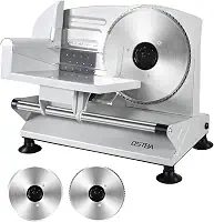 OSTBA Máquina fatiadora de carne, duas lâminas removíveis de aço inoxidável de 17 cm e transporte de alimentos, cortador elétrico de 150 W para uso doméstico, fácil de limpar, espessura ajustável de 0
