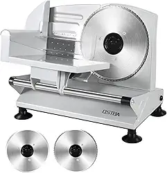 OSTBA Máquina fatiadora de carne, duas lâminas removíveis de aço inoxidável de 17 cm e transporte de alimentos, cortador elétrico de 150 W para uso doméstico, fácil de limpar, espessura ajustável de 0