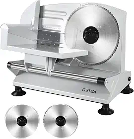 OSTBA Máquina fatiadora de carne, duas lâminas removíveis de aço inoxidável de 17 cm e transporte de alimentos, cortador elétrico de 150 W para uso doméstico, fácil de limpar, espessura ajustável de 0