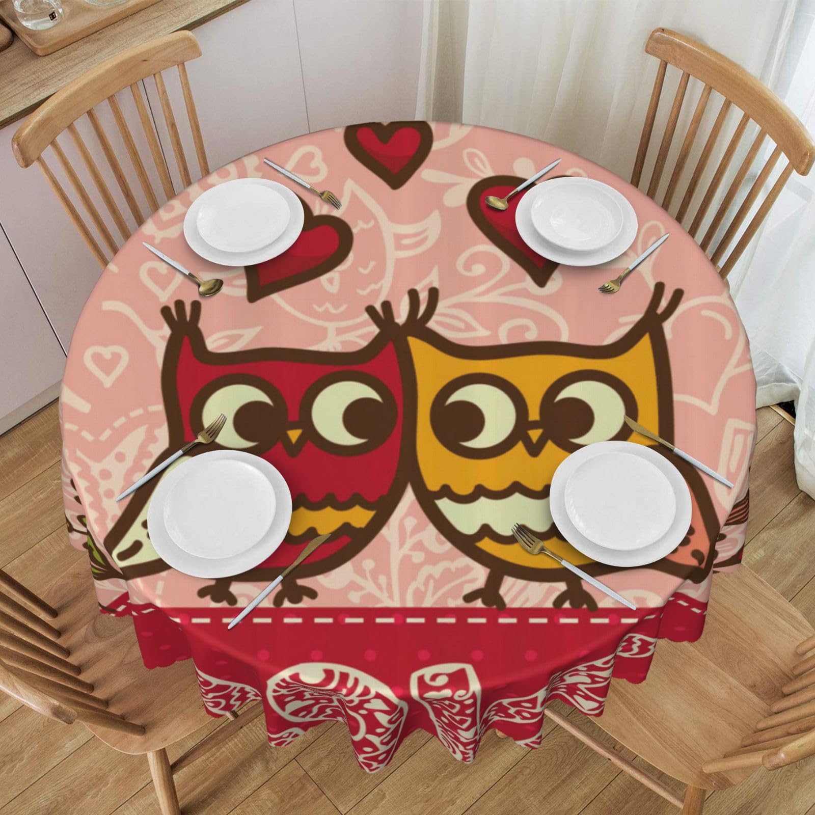 DCEHGEW 60 In Round Tablecloth with Lace, Owls Printed Oilproof & Washable Fabric Picnic Table Cloth Table Covers