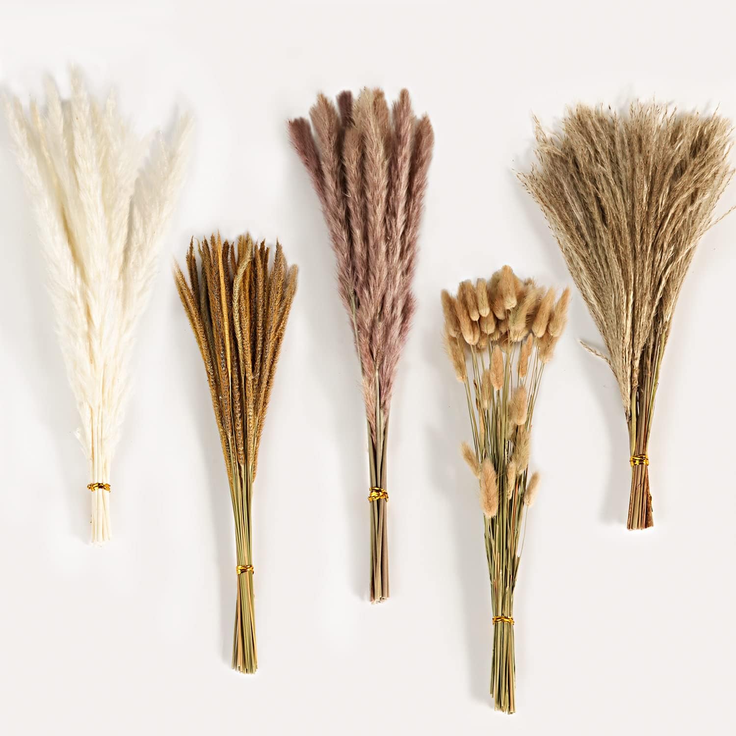 puthiacPampas Grass Dried Flower Decoration, 120pcs Natural Brown White Pampa Grass Fluffy Leaf, Lagurus and Reed Flower Dried Flowers for Boho Decoration Living Room Bedroom Garden Shed Wedding