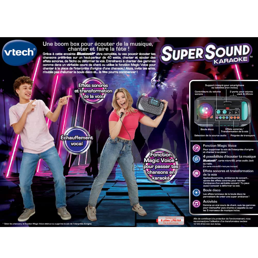 VTech - SuperSound Karaoke, Enceinte Karaoké Enfant avec Micro, Boule Disco Lumineuse Rotative, Bluetooth, Prise Jack pour Casque, Apprentissage du Chant, Cadeau Enfant Dès 5 Ans - Contenu en Français