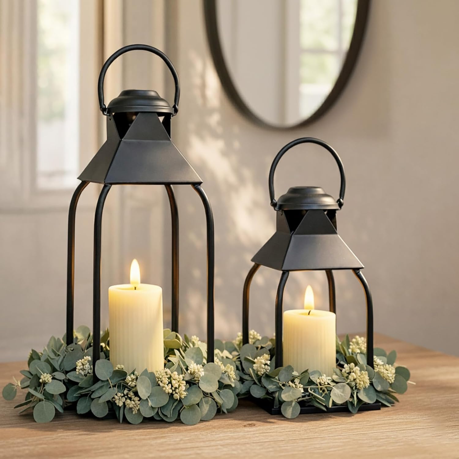 ZLFart Black Metal Candle Lanterns Set of 2 (15.7" & 12") - Indoor Outdoor Decor for Porch, Patio, Fireplace, Wedding, Farmhouse Centerpiece