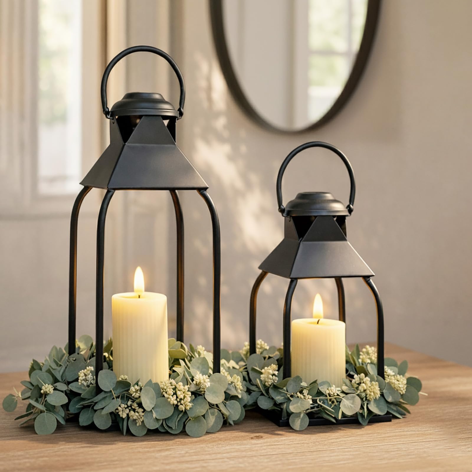 decorative metal lanterns indoor outdoor, candle holder for porch, patio, fireplace, floor, wedding, christmas, fall, holiday, farmhouse table centerpiece (black, set of 2 15.7" 12")