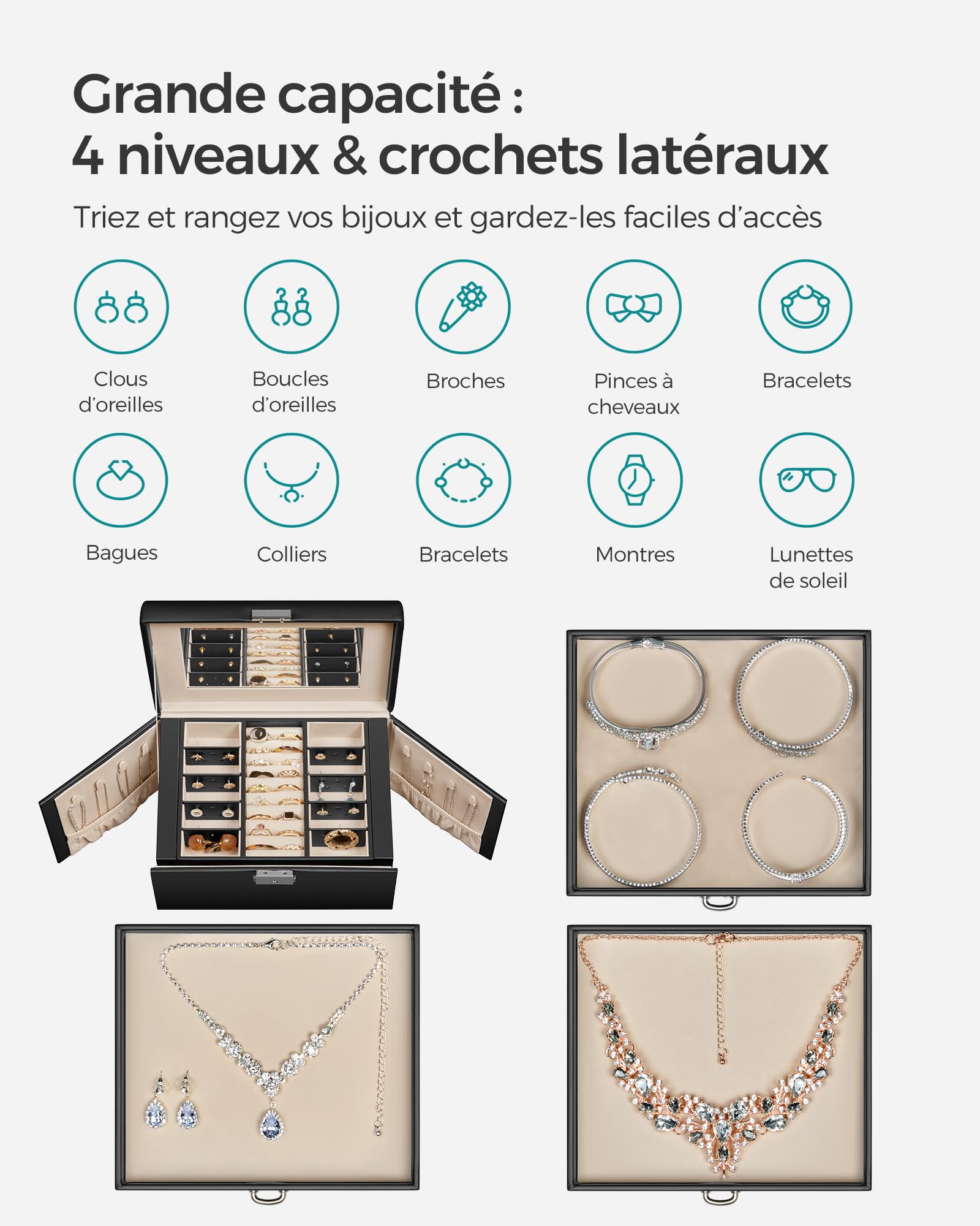 SONGMICS Boîte à Bijoux 4 Niveaux, Écrin à Accessoires avec 3 Tiroirs, Coffre de Rangement, Poignées, Miroir Intérieur, Verrouillable, Rangement pour Bijoux, pour Montres, Noir d'Encre JBC159B01