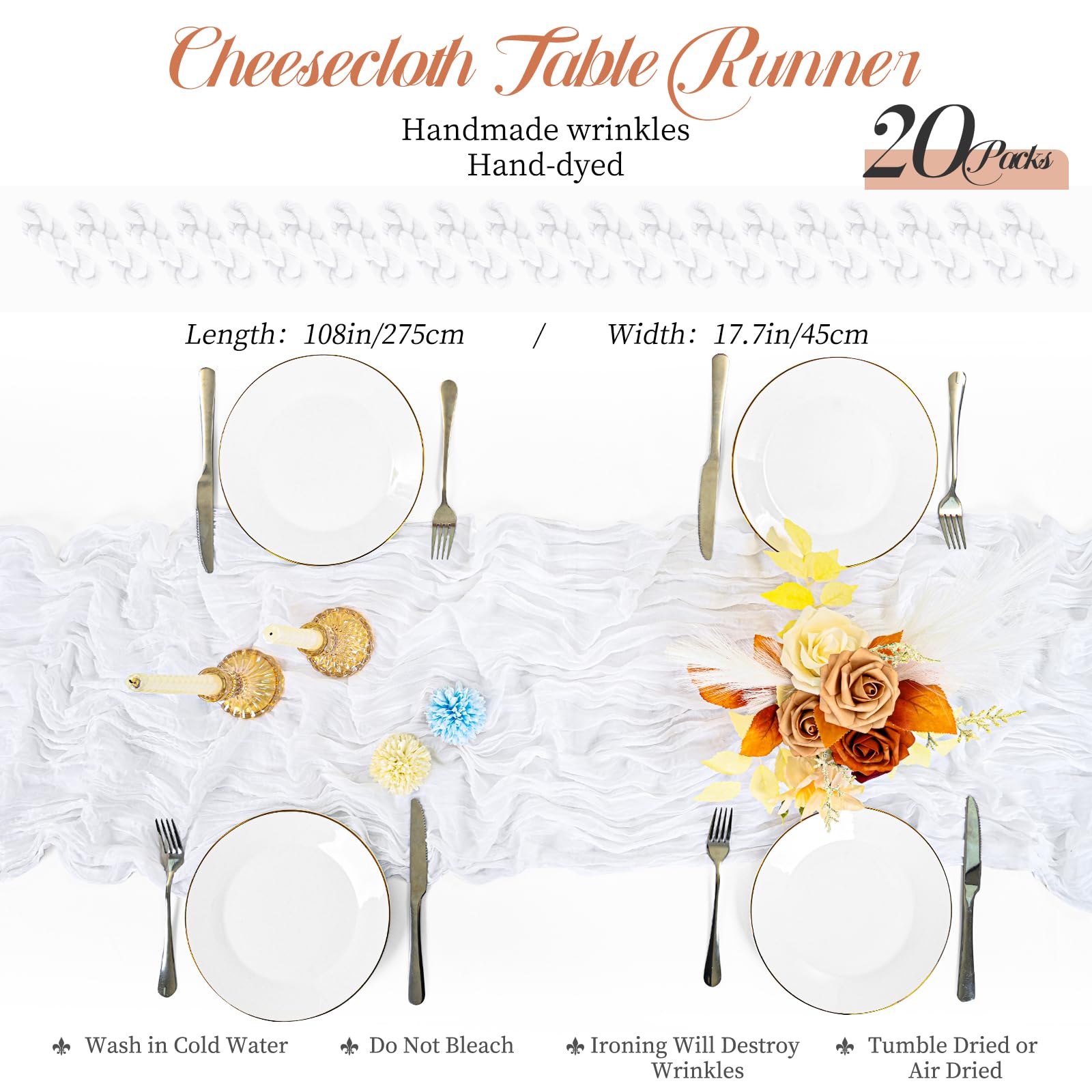 Teruntrue 20er-Pack Weiß-Käsetuch-Tischläufer 17x108 Zoll, Boho-Gaze-Käsetuch-Tischläufer für Hochzeitsfeier, Bridal Shower, Geburtstag, Deko für Zuhause, Garten und Bauernhaus