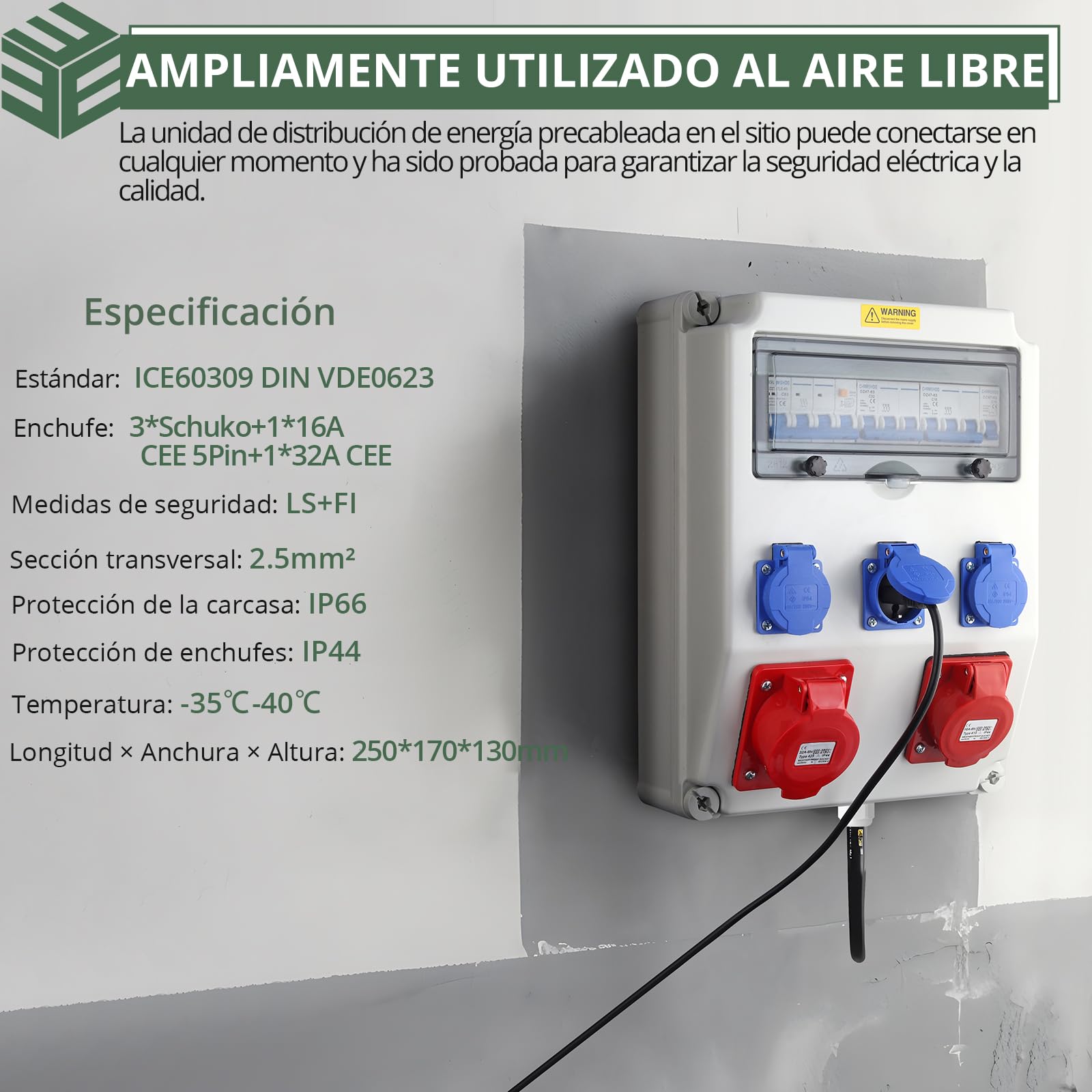 EYPINS Distribuidor de Corriente para Construcción con LS+FI, Distribuidor de Pared 3x 230V Enchufes Schuko 16A+Enchufes CEE 16A+32A, IP66, ABS Ignífugo para Interiores, Exteriores, Talleres y Fábrica