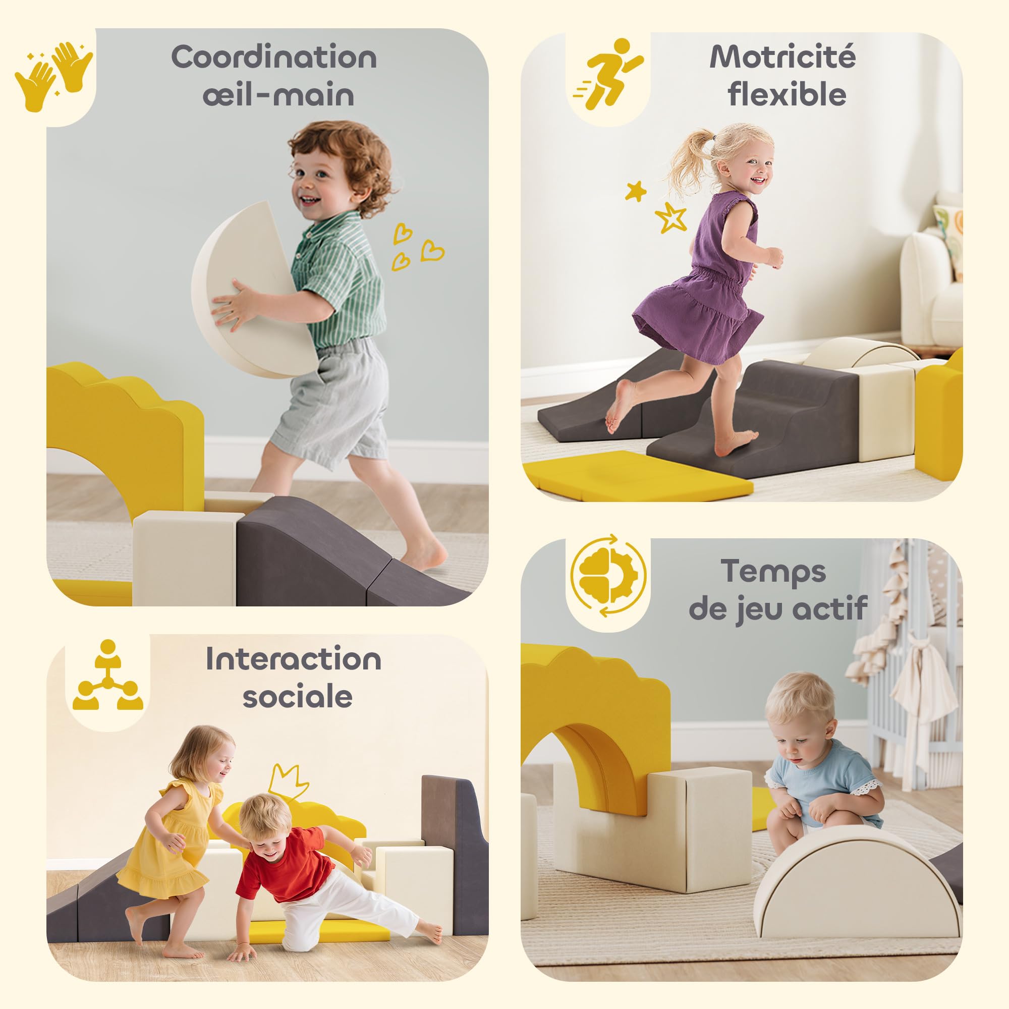 AIYAPLAY Parcours motricité bébé modulable, Blocs Mousse éducatifs, 7 pièces avec Housse Lavable en Velours, Base antidérapante, Jeu de motricité intérieure pour Enfants 6 Mois à 3 Ans, Jaune