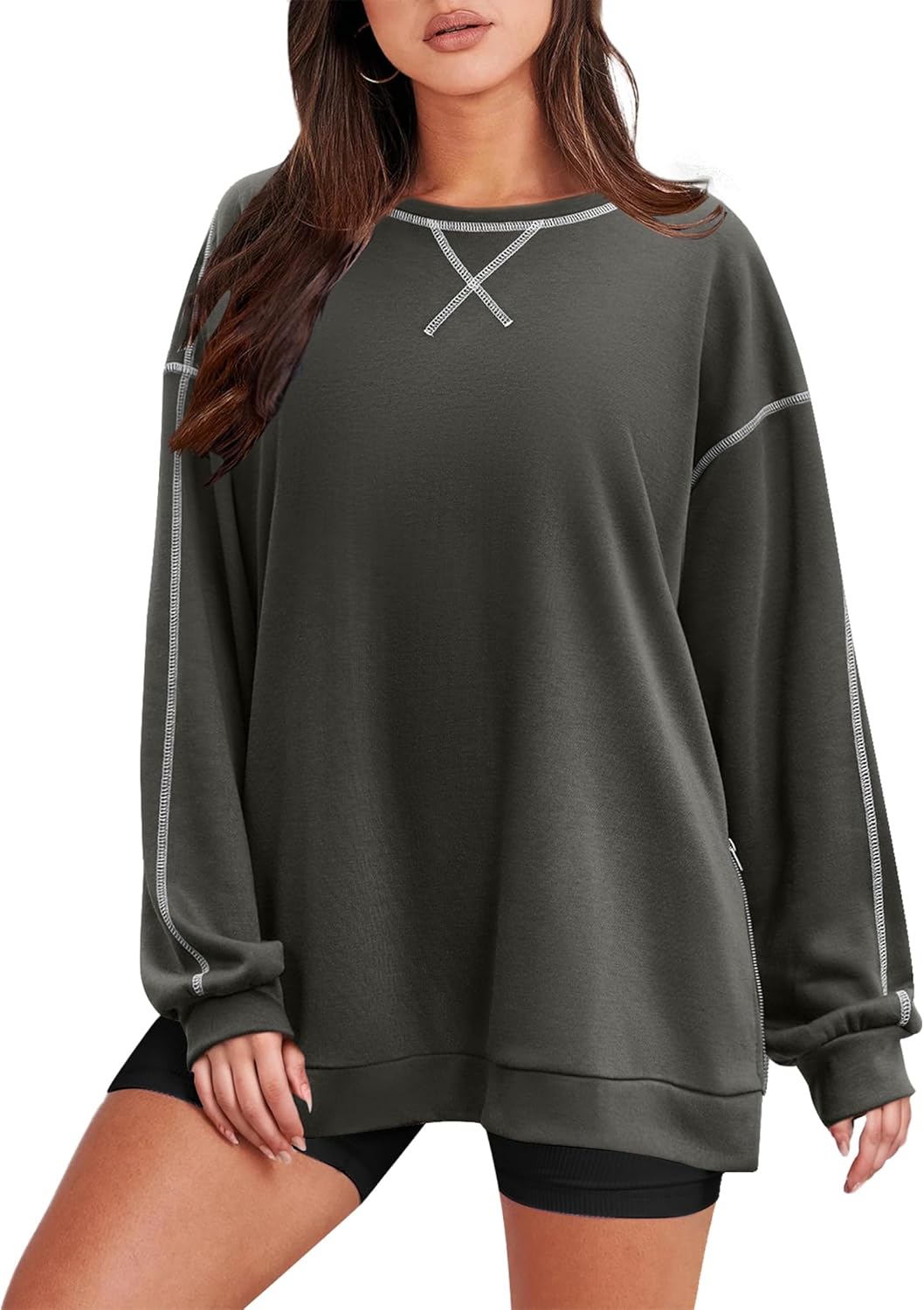 Size XXL Zeagoo Women's Sweatshirts Long Sleeve Crewneck Pullover Tops 2025 Fall Winter Trendy Side Zip Going Out Hoodies XX-Large Dark Grey