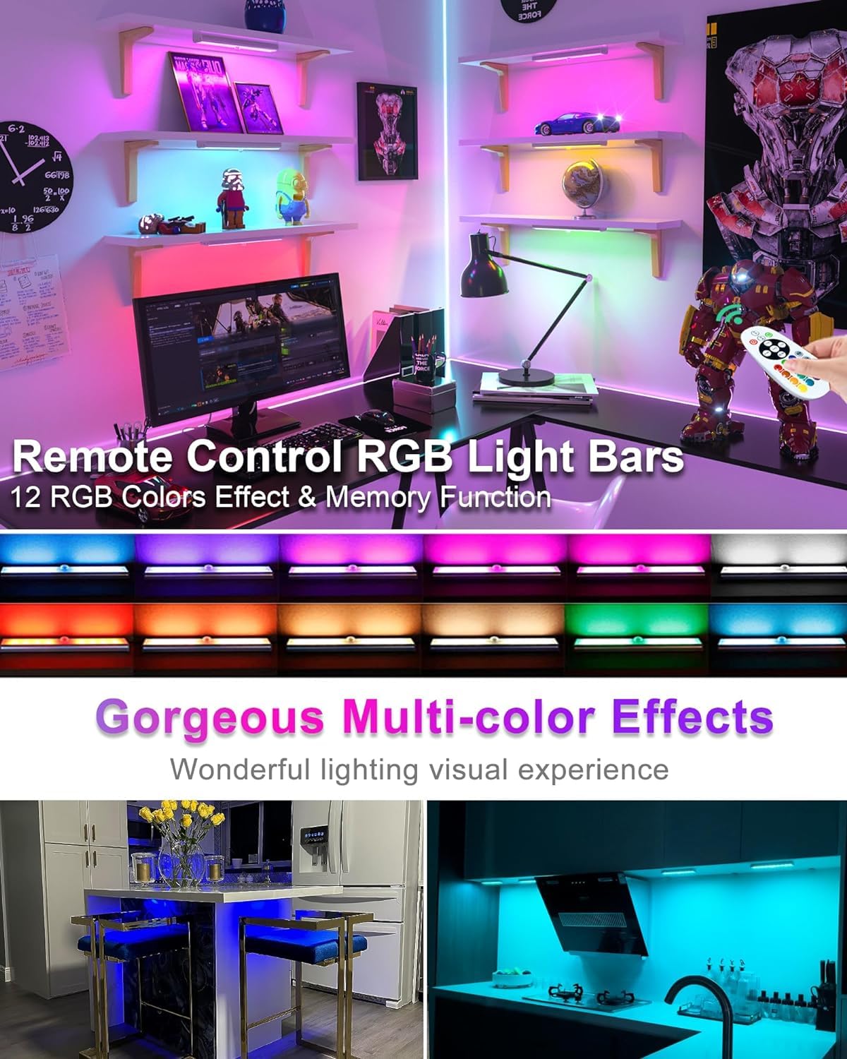 Haigvel Under Cabinet Lights Wireless, 58-LED Rechargeable Motion Sensor Closet Lights with Remote Control, RGB Color Changing Under Counter Lights for Kitchen, Pantry, Bedroom, Stairs, 2 Pack