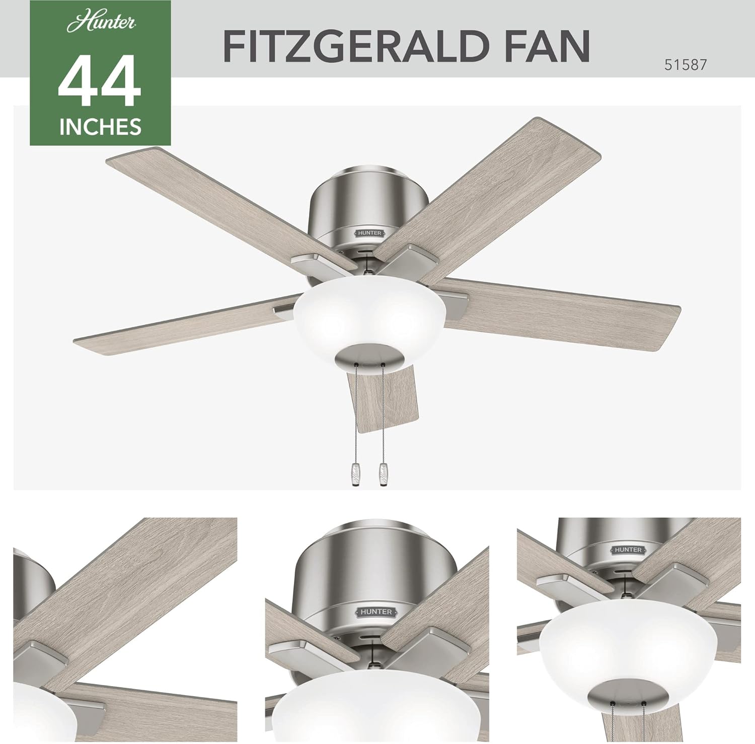 Hunter 44 inch Fitzgerald Brushed Nickel Low Profile Ceiling Fan with LED Light Kit and Pull Chain