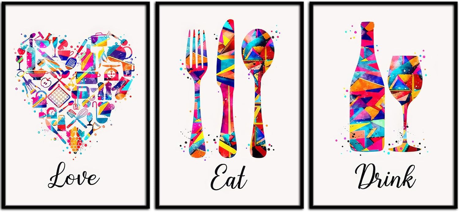 QIYFFBN 3Pcs Kitchen Wall Art Dining Room Wall Decor Knives Forks wine Glass
