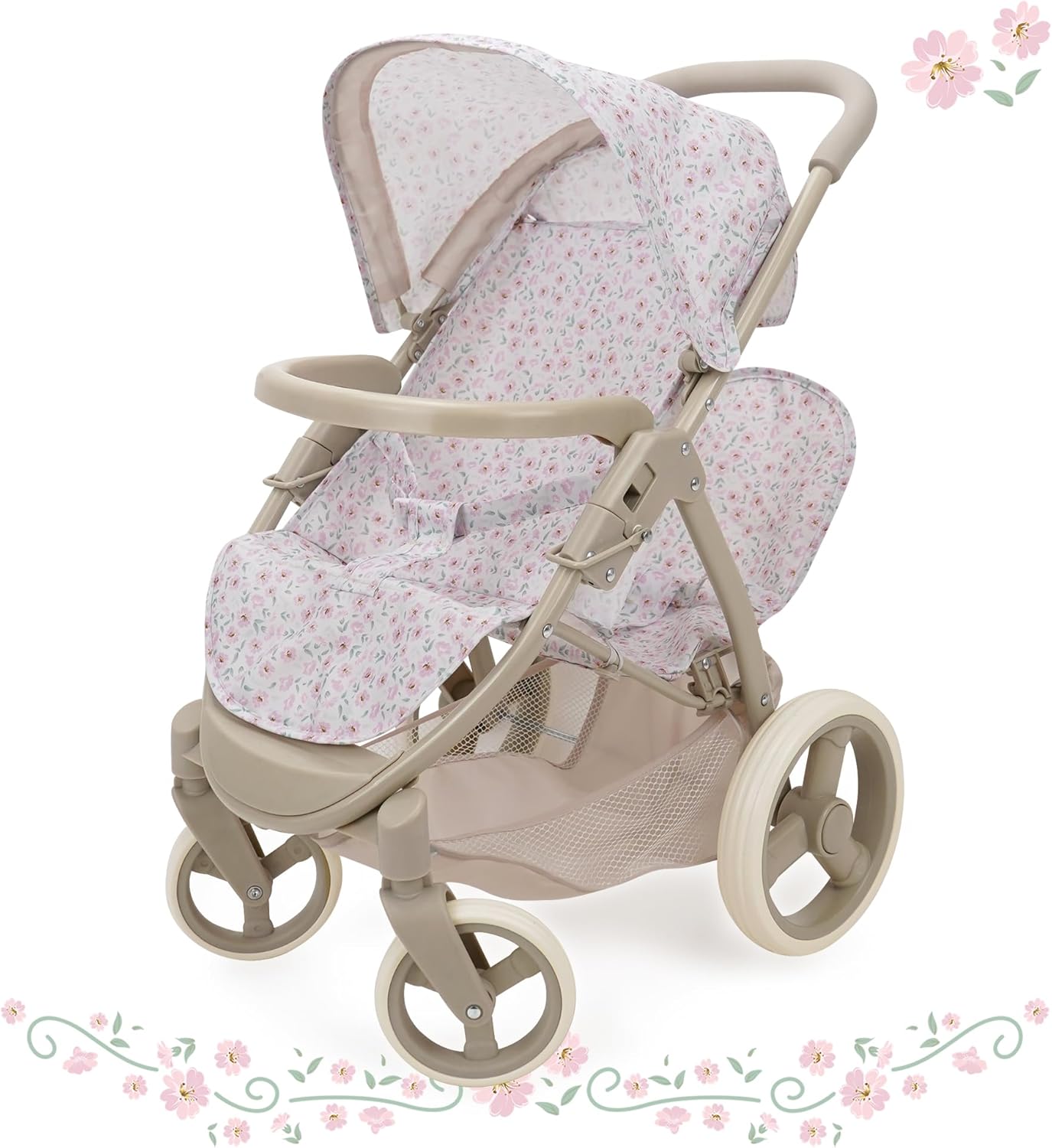509 Crew: Little Flora - Mabelle Duo Twin Doll Stroller - Flower-Tan-Pink, Storage Basket, Retractable Canopy, Folding, Pretend Play Toy, Kids 3+