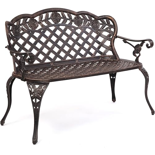 VINGLI 42.5" Patio Garden Bench Outdoor Metal Rose Loveseat, Cast Iron Cast Aluminium Frame Antique Finish Park Chair, Accommodates 2-3 People