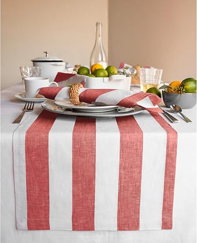 Solino Home Cabana - Camino de mesa de lino a rayas de 36 pulgadas, 100% lino puro de 14 x 36 pulgadas, rojo y blanco, camino de mesa pequeño de