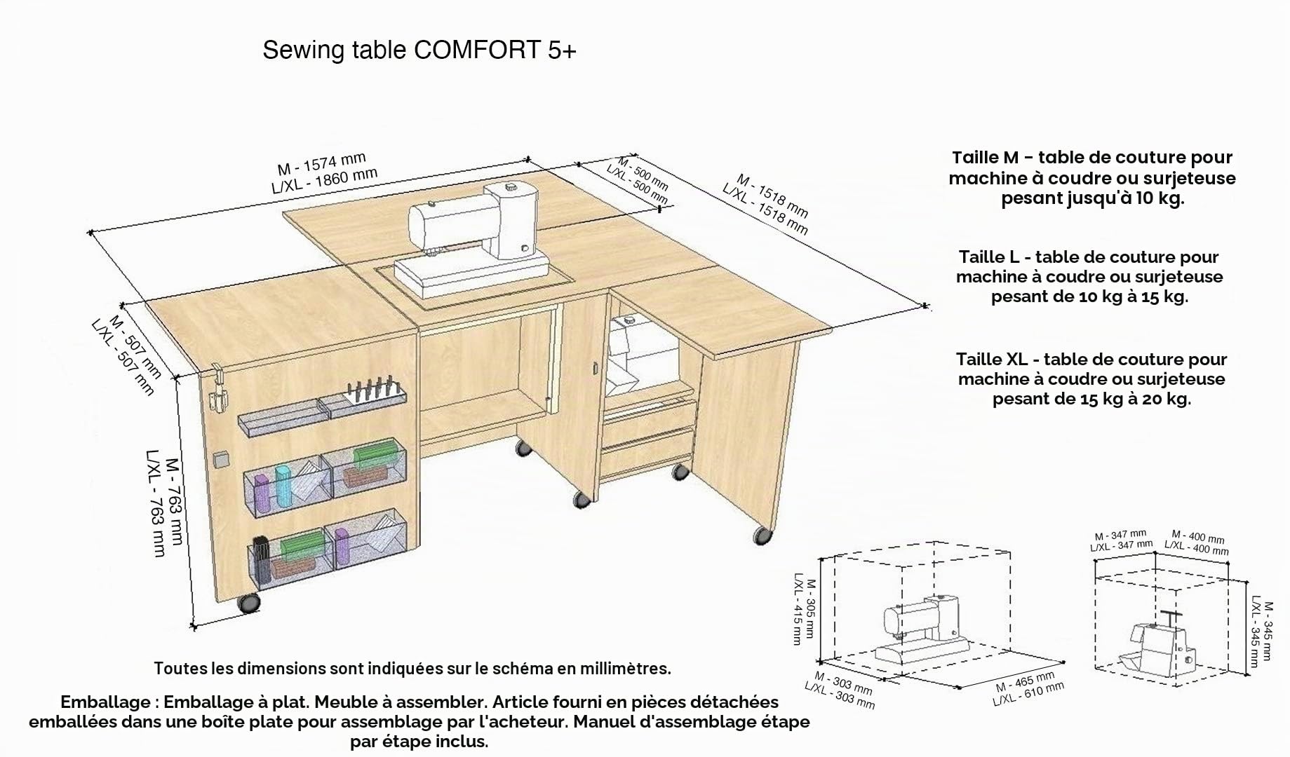 Comfort 5 | Table pour machine à coudre | (Lakeland Acacia Light, M (Air-Lifter to 10kg))