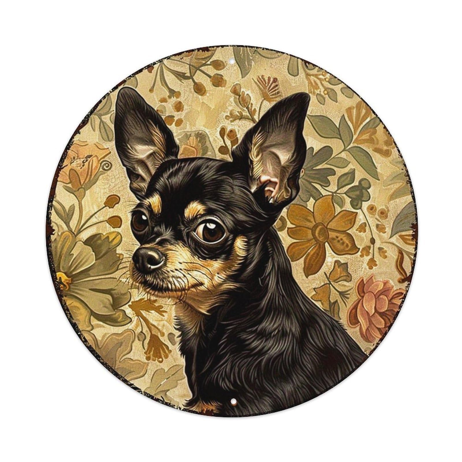 Iageret Vintage Floral Background Dog Portrait Art Round Metal Tin Sign Wall Decor, Bar Garage Cafe Kitchen Home Wall Art Poster 8X8inches