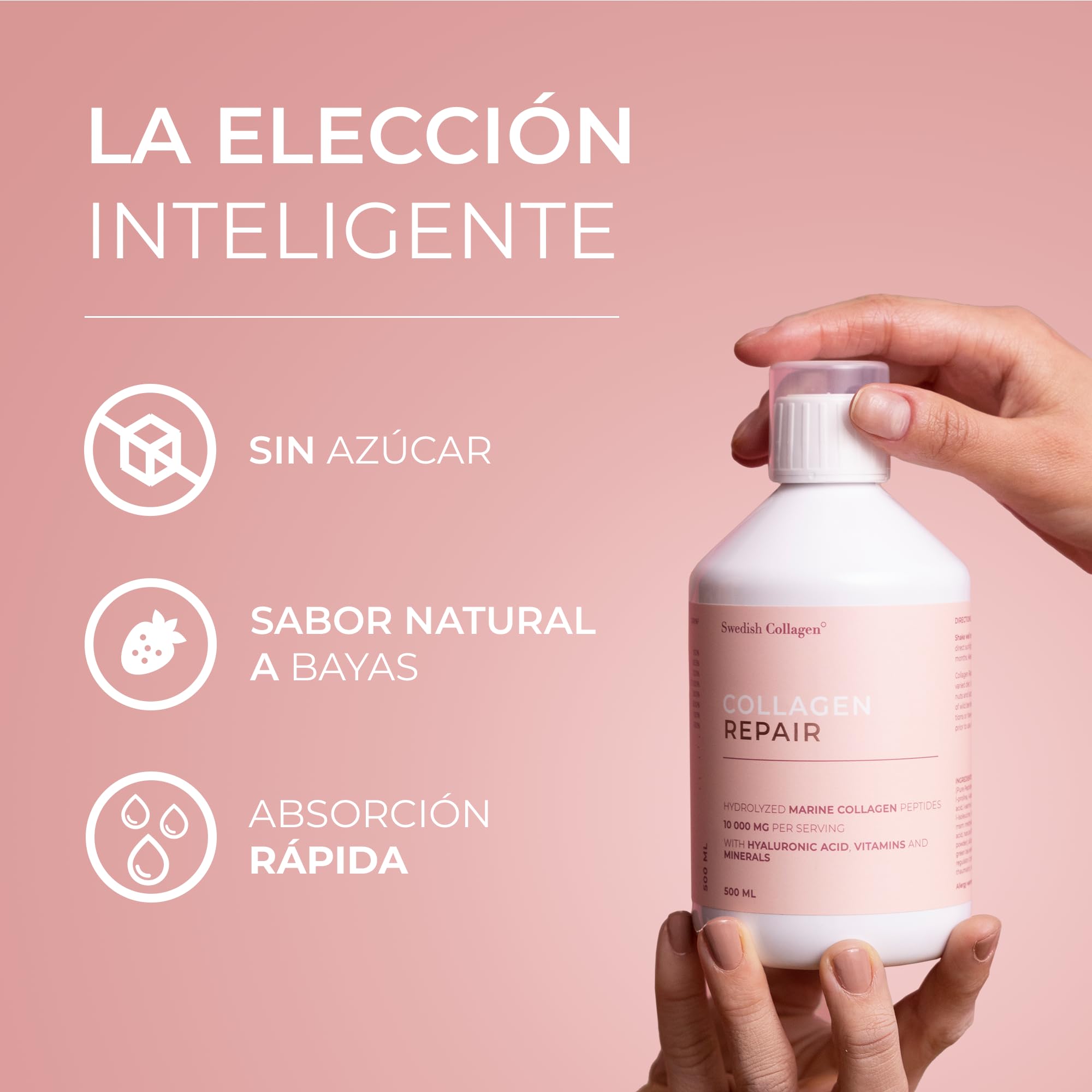 Swedish Collagen, Colágeno marino hidrolizado, líquido, 500 ml | 20 días | Tipo 1 y 3 | Péptidos puros y vitaminas para cabello, piel, uñas y articulaciones | Clínicamente probado | Sin azúcar