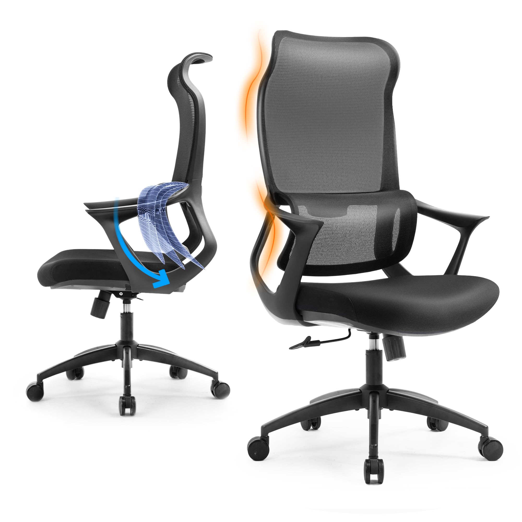 Office Chair-Ergonomic Computer Desk Chair, High Back Mesh Home Office Chair, Office Chair with Lumbar Support, Large Computer Executive Desk Chair with Wide Thick Seat, 330lbs, Black