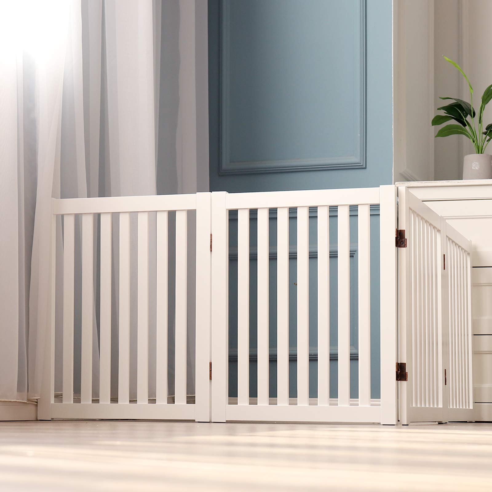 WELLAND Wooden Freestanding Pet Gate, 4 Panel 24 Inch Step Over Fence