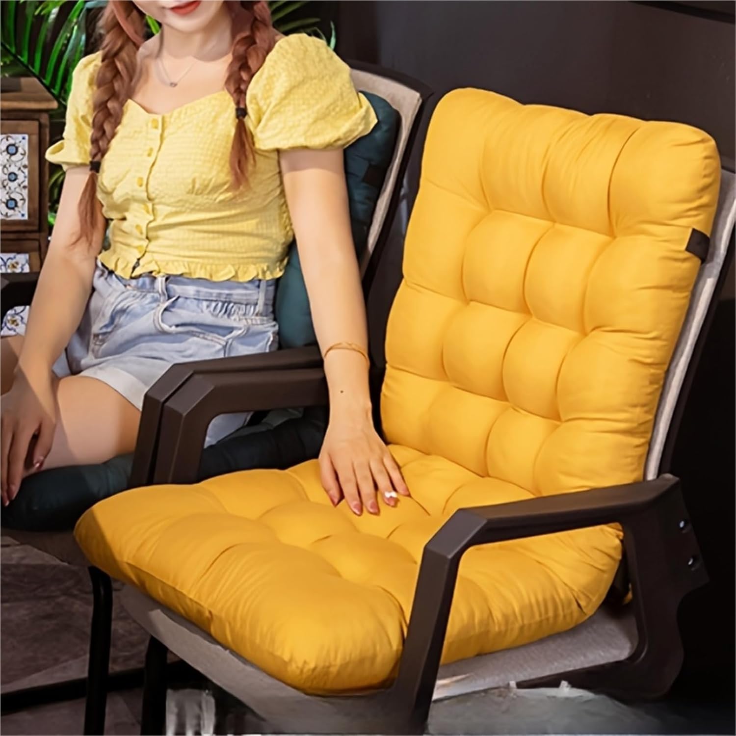 ヴィンテージスタイル 屋外用家具 背もたれ シートクッション 手洗い可能 ファブリックパッド ティール&amp;イエロー キルトデザ