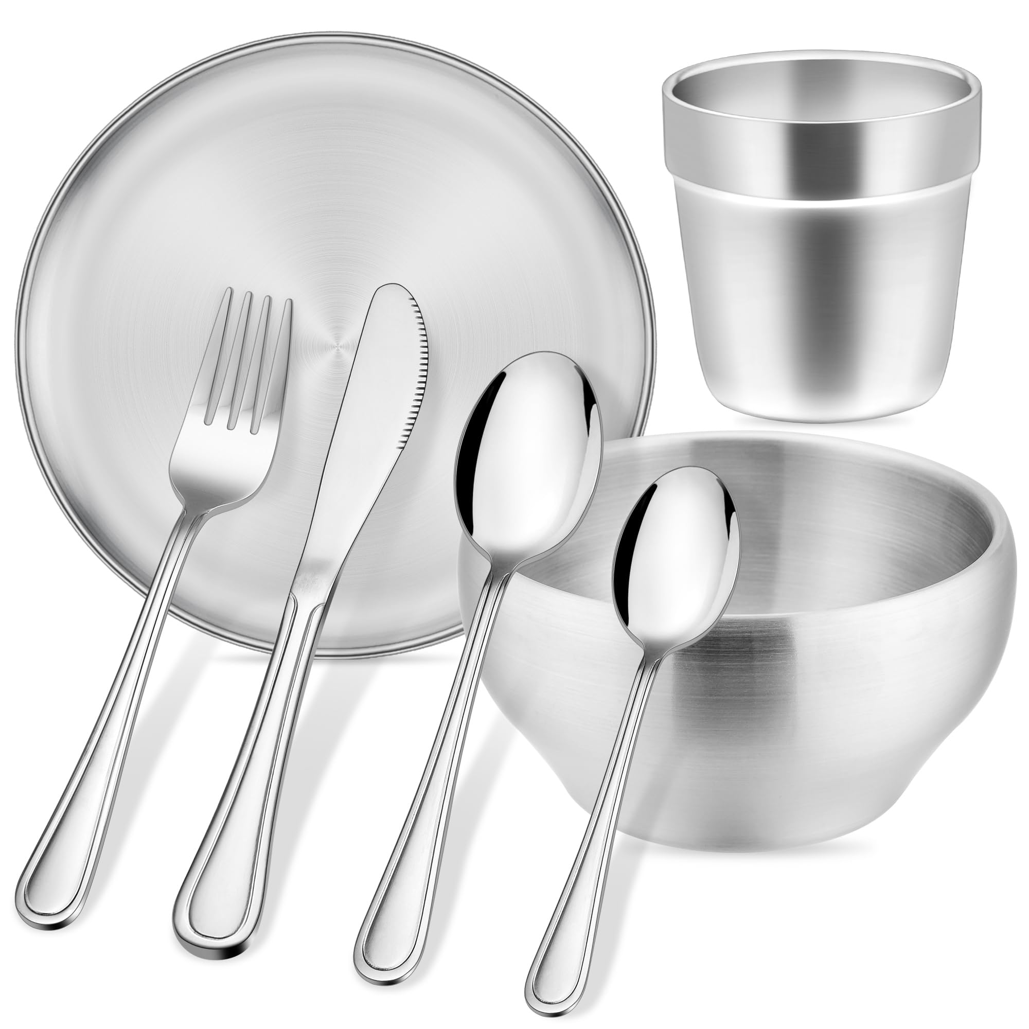 HaWare Kindergeschirr, 7-teilig Edelstahl Kinder Geschirr Set ab 3 Jahre, Kinderbesteck Set mit Kinder Gabel/Messer/Löffel/Teller/Müslischale/Tasse, Ungiftig & Gesund, Spülmaschinenfest