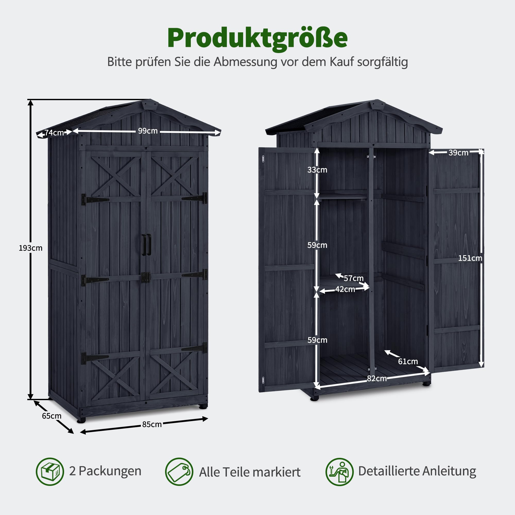 M MCombo Gartenschrank Gartenhaus Holz Wetterfest, Outdoor Wasserdicht Schrank mit Boden, für Außenbereich Balkon Terrasse, Aufbewahrungsschrank mit 2 Bewegliche Regale 74×99×193 cm (Anthrazitgrau)