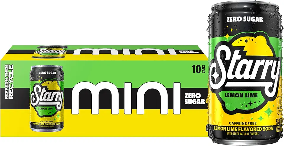 Starry Zero Sugar Lemon Lime Soda, Caffeine Free, Mini Cans, 7.5 Ounce (Pack of 10)
