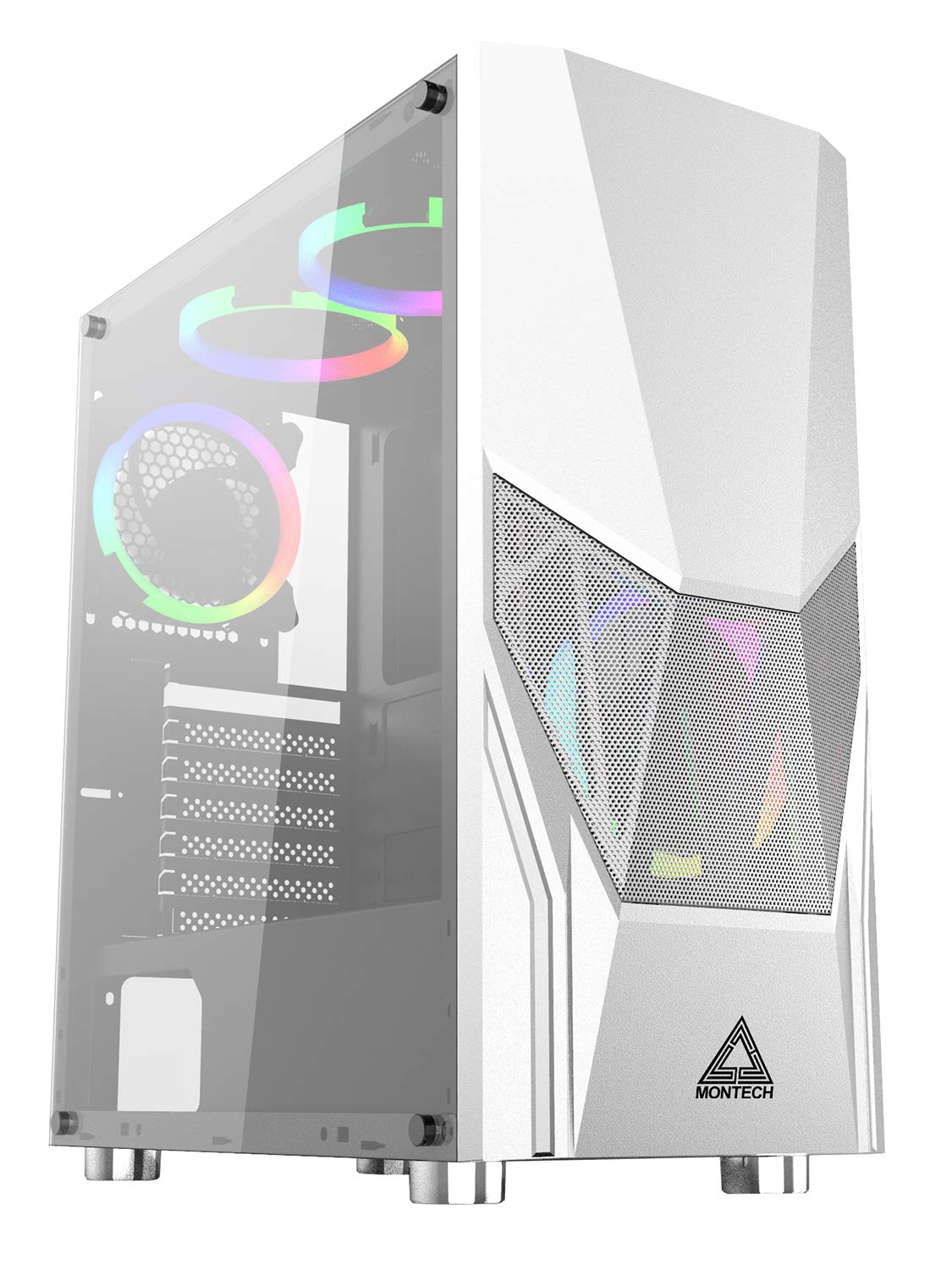 Montech Fighter 500 White Mid-Tower Gaming Case, Pre-Installed Four Rainbow LED Fans, High-Airflow, Mesh 3D Front Panel, Tempered Glass, Magnetic Dust Filter, ATX/Micro ATX/Mini-ITX