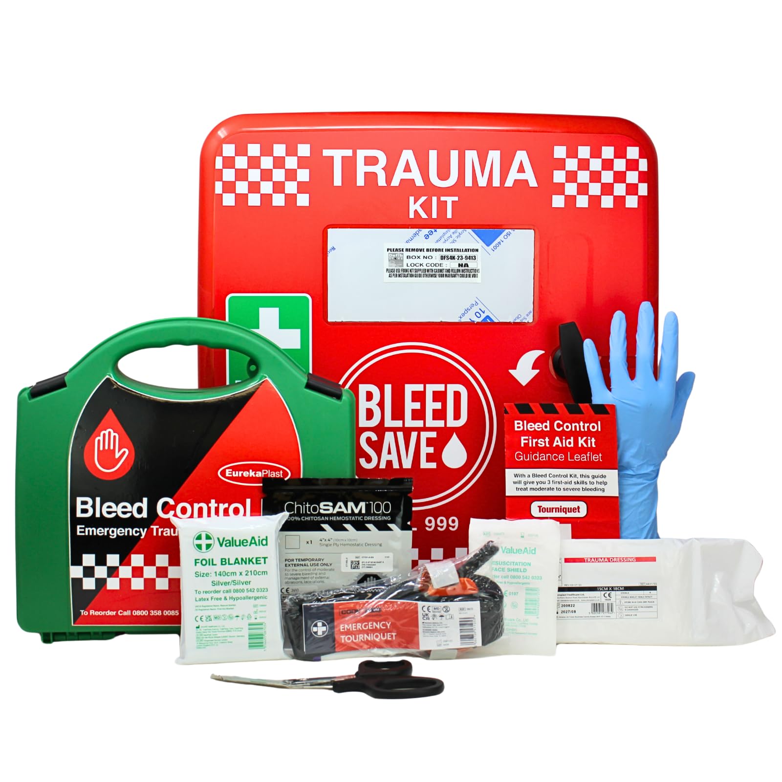 BLEEDSAVE Trauma Cabinet with Enhanced Bleed Control Kits - Lockable IP66 Trauma First Aid Cabinet - 465 x 435 x 240mm - Emergency Bleeding Control for Workplaces and Public Areas