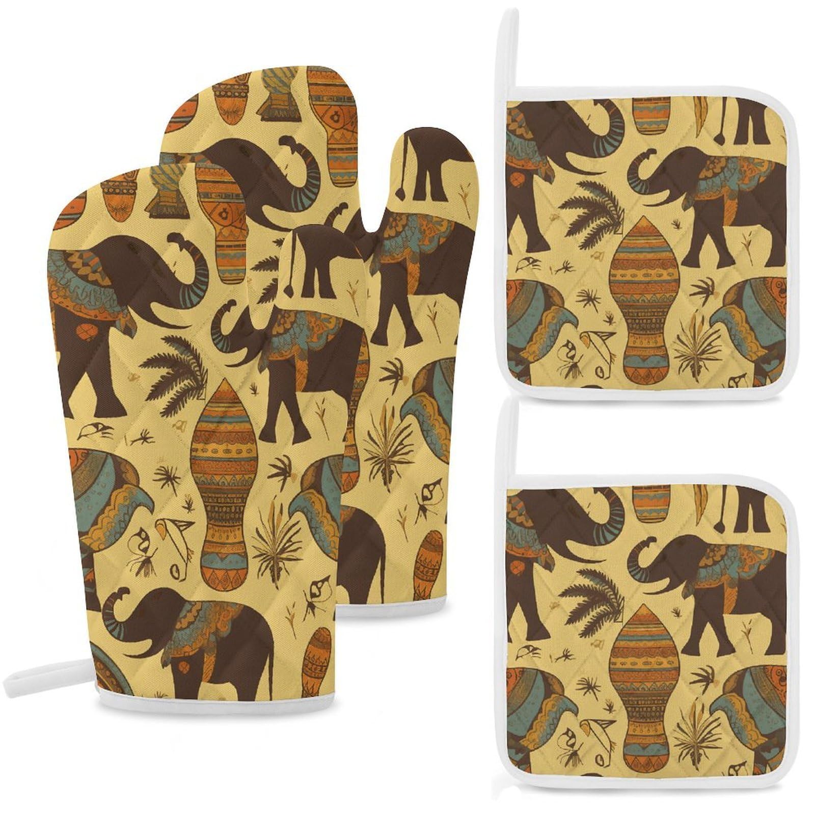 Africa Elephant Oven Mitts and Pot Holders Sets Heat Resistant Oven Glove with Hanging Loop for Baking Cooking BBQ Thicken Potholders for Kitchen