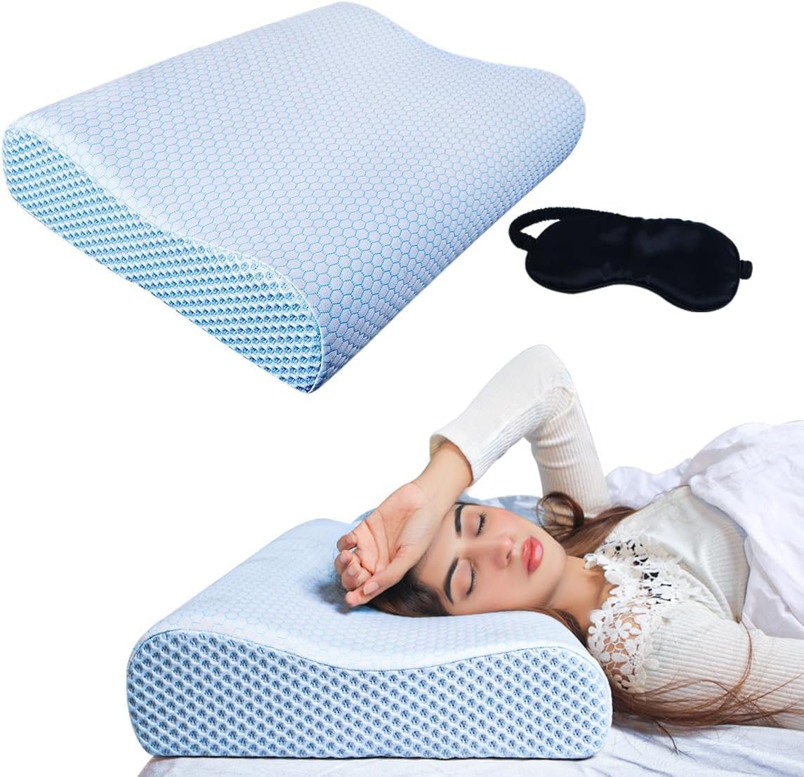 RESTIFY Memory Foam Pillow with Complimentary Silk Eye Mask - Cervical Neck Pillow for Pain Relief - Ergonomic Pillow for Side, Back, and Stomach Sleepers (40x60cm)