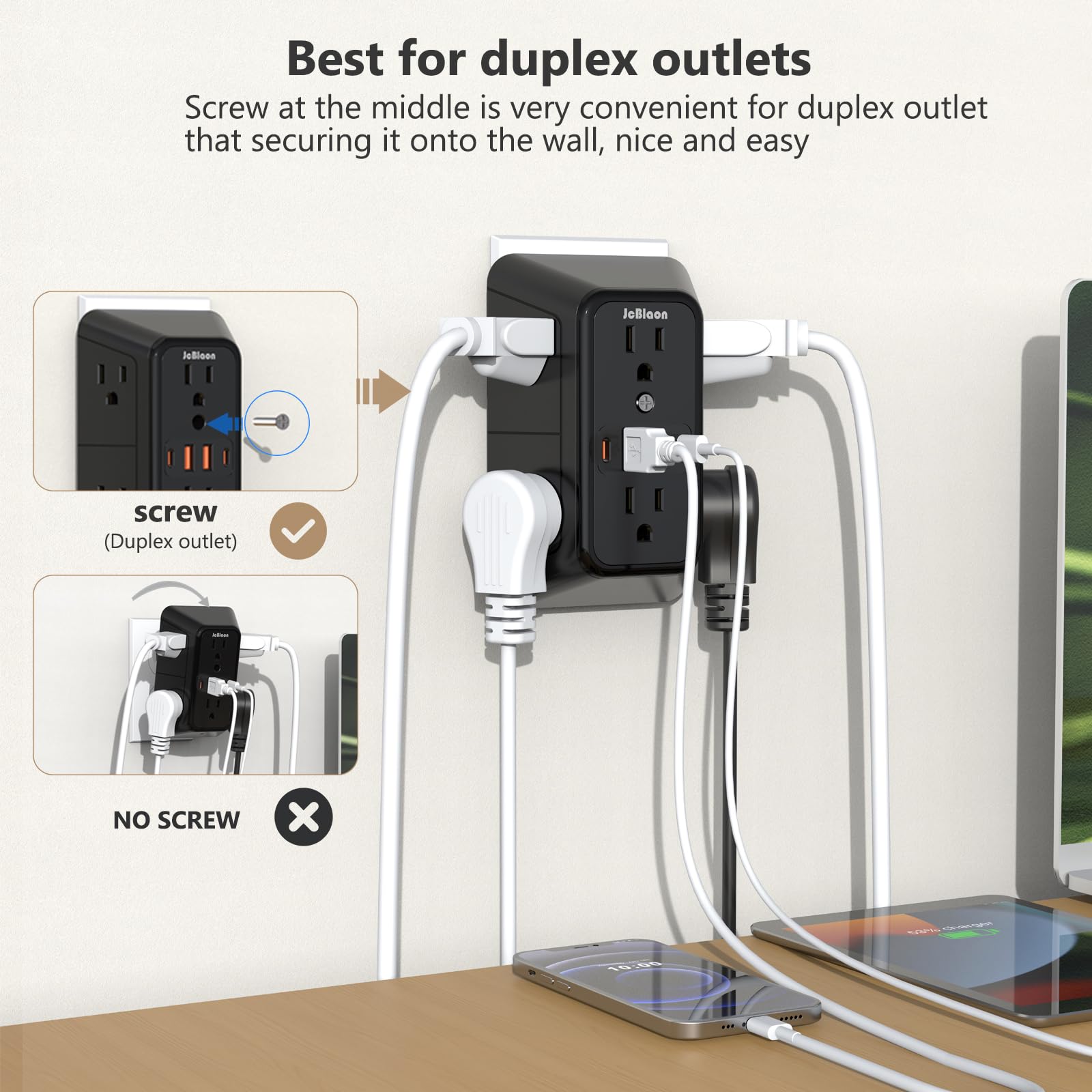 Paquete de 2 extensores de toma de pared con múltiples enchufes, 6 divisores de salida de CA con 4 puertos USB (2 USB C) cargador de pared 1050J tira de alimentación 125V/15A, 1875W para el hogar, la