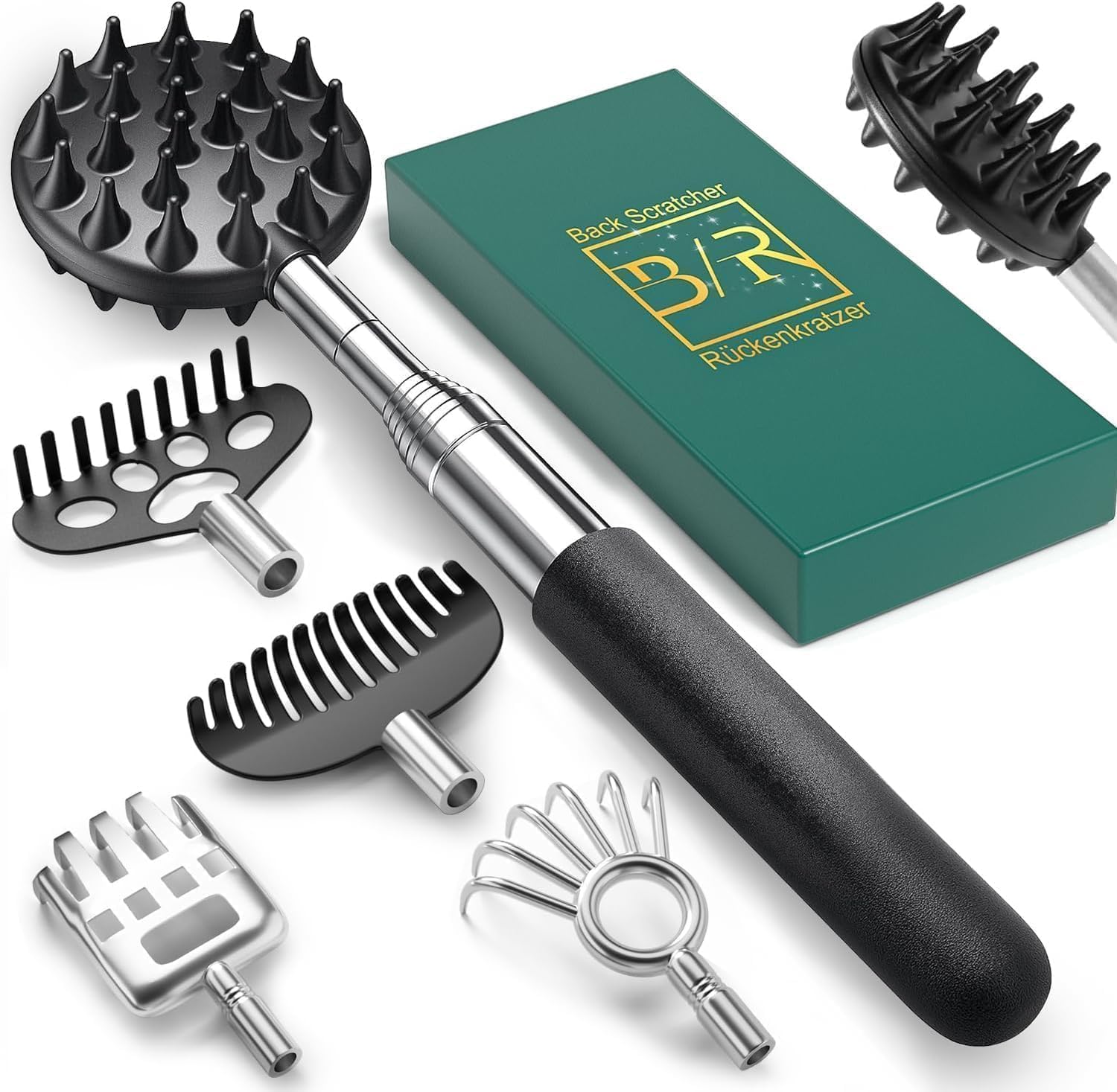 Telescoping Back Scratcher with 5Pcs Detachable Scratching Heads, Birthday Valentines Gifts for Him Men Dad Back Scratcher for Men/Women