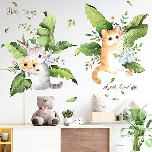 Calcomanías de pared con diseño escandinavo de hojas de palmera de gatitos lindos y frescos, calcomanías de pared de animales de gato de dibujos